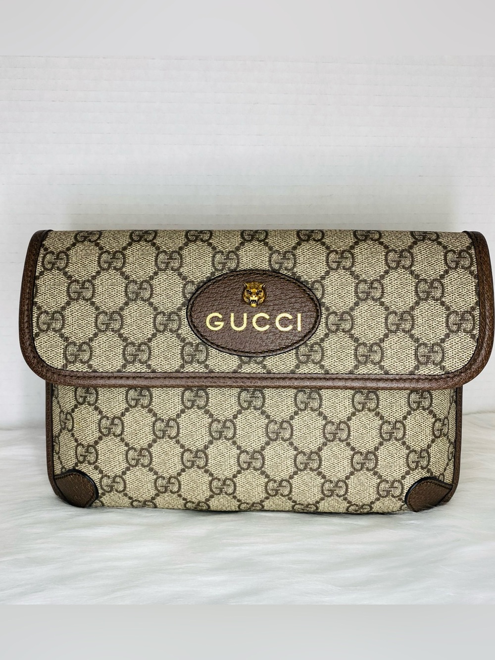 Gucci Neo Vintage Beige and Brown GG Canvas Clutch with Gold Logo